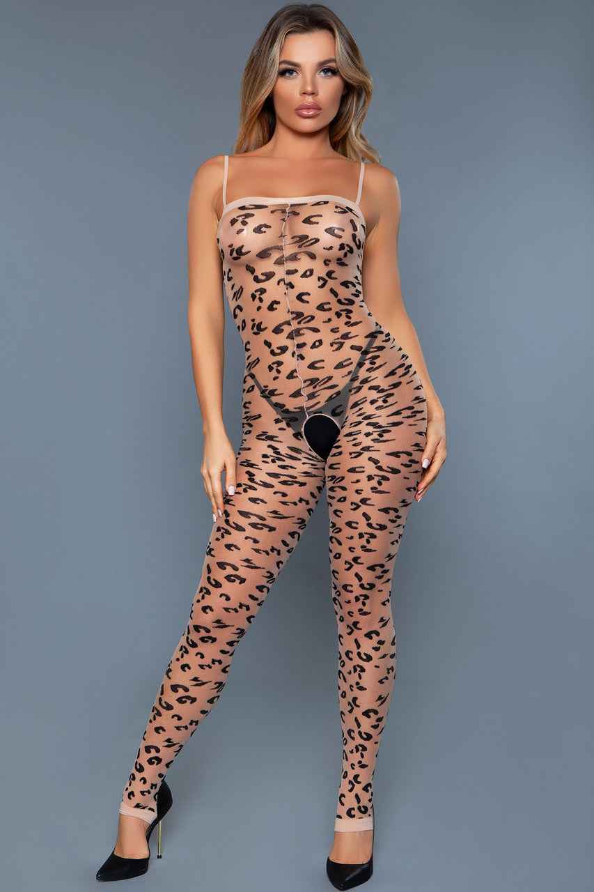 Woman wearing bold leopard lingerie outfit hosiery sheer leopard print full body suit